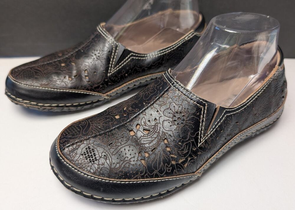 L’Artiste Spring Step Leather Loafers Womens Size 7 Libora Black Floral Slip Ons